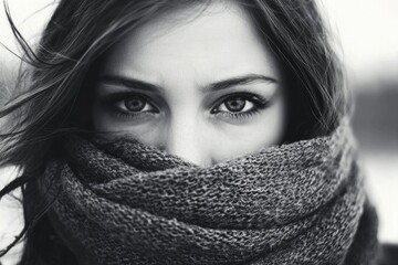 Naklejka premium A black and white portrait of a woman partially hidden by a scarf, her eyes intensely gazing.