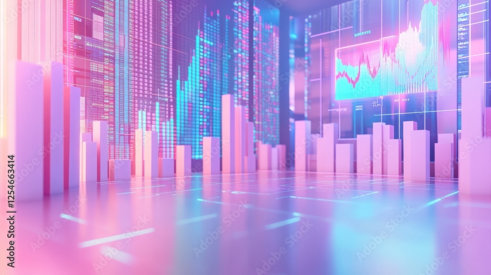 Poster a futuristic digital environment displays colorful bar graphs and trend lines, symbolizing data anal