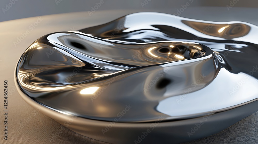 Poster abstract chrome sculpture reflecting light on metallic surface with smooth fluidity and modern desig