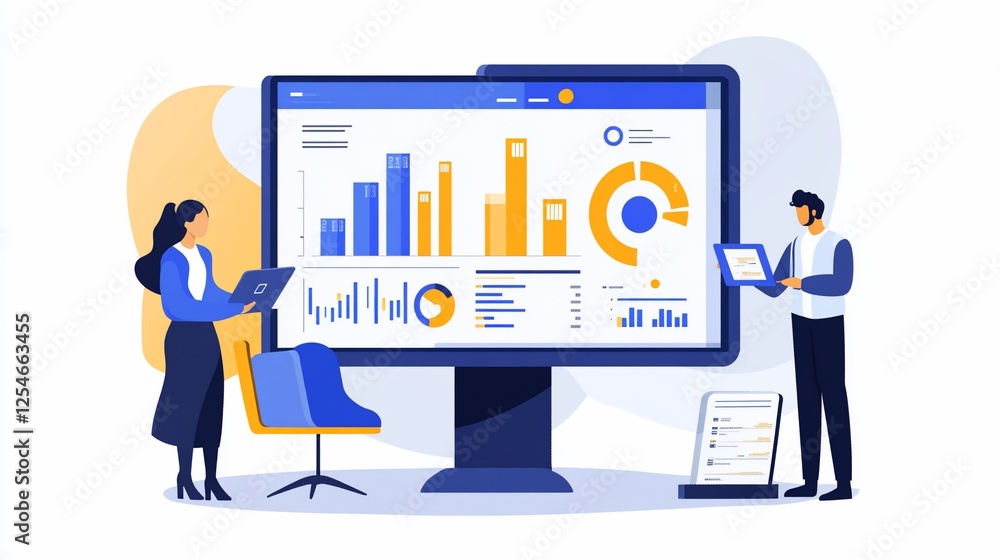 Aufkleber two people analyzing data on a large screen with a variety of charts and graphs