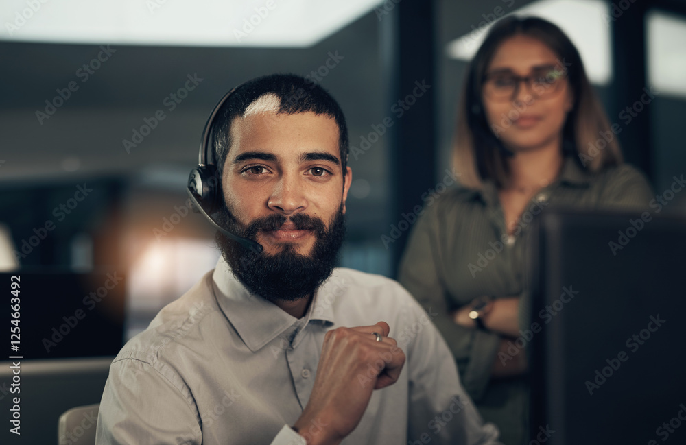 Poster Night, office and portrait of man in call center with friendly smile, manager and teamwork at help desk. Virtual assistant, consultant or customer service agent with headset, online support or advice