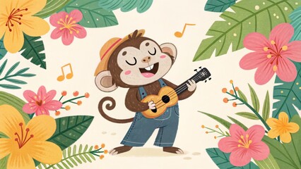Joyful Monkey Ukulele Player in Tropical Bloom
