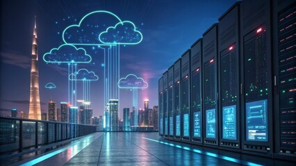 Night Cityscape Cloud Data Transfer and Server Farm Visualization