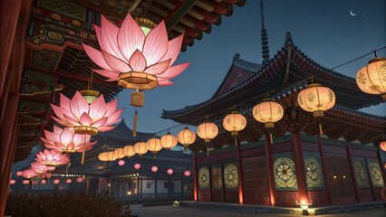 Fototapeta premium Nighttime Temple Lanterns Lotus and Round, Digital Painting, Asian Architecture, Festive Lighting, Moon, Temple Festival Asian art, digital art