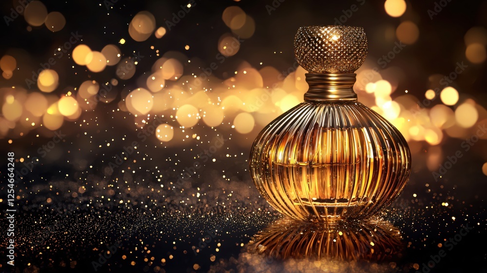 Poster golden perfume bottle on reflective surface with sparkling bokeh lights in dark background