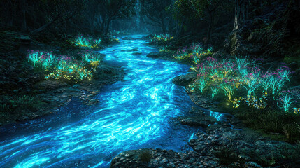 Enchanted forest with glowing river and vibrant flora under a mystical night sky