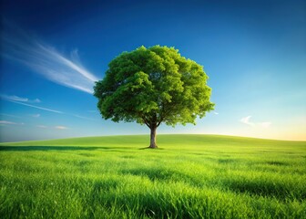 Fototapeta premium Minimalist Single Tree on Lush Green Grass Field - Stock Photo