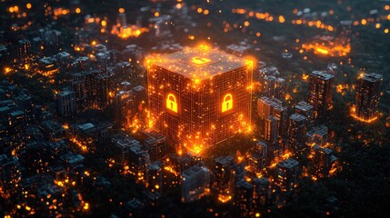 A glowing cube symbolizing security stands amidst a futuristic cityscape at night, illuminated by lights