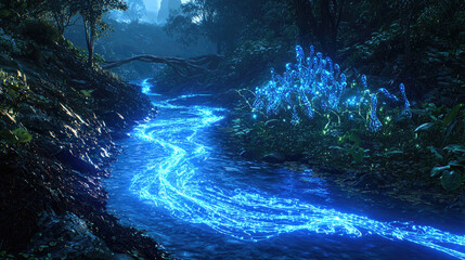 Enchanted river flowing through a lush forest, illuminated by glowing blue plants in the background