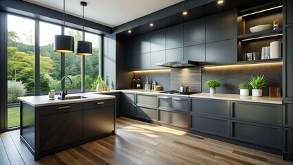 Naklejka premium Modern Black Kitchen Interior: Sleek Sink & Oven Design