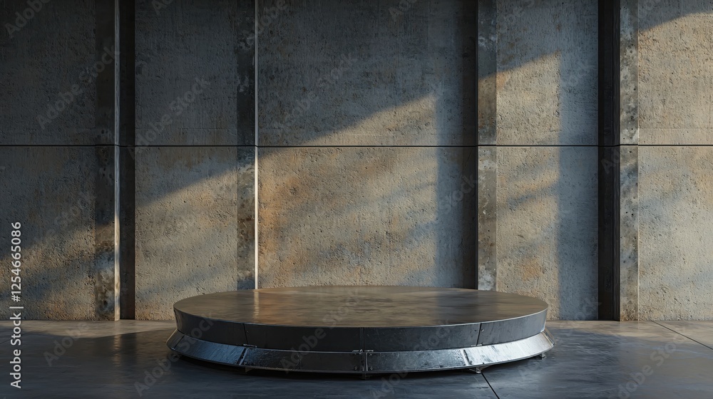 Poster concrete platform in industrial style setting for product showcase with sunlight and shadow