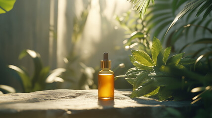 A minimalistic shot of a glass serum bottle with a dropper cap, placed on a textured stone surface with soft sunlight filtering through nearby plants.