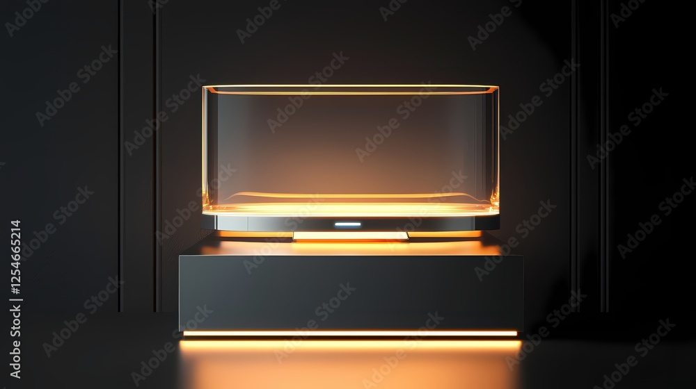 Poster luminous glass display case on dark platform glowing with warm light in minimalist style