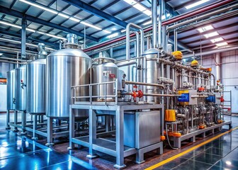Moscow October 2024: Side View of Industrial Ultra-Pasteurization Machine in Soft Focus