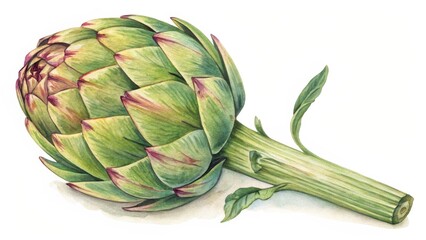 Obraz premium Watercolor Artichoke Botanical Illustration, Detailed Rendering, Green and Burgundy Hues