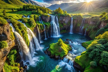 Fototapeta premium Mossy Waterfall Cliffs Aerial View - Lush Nature Stock Photo
