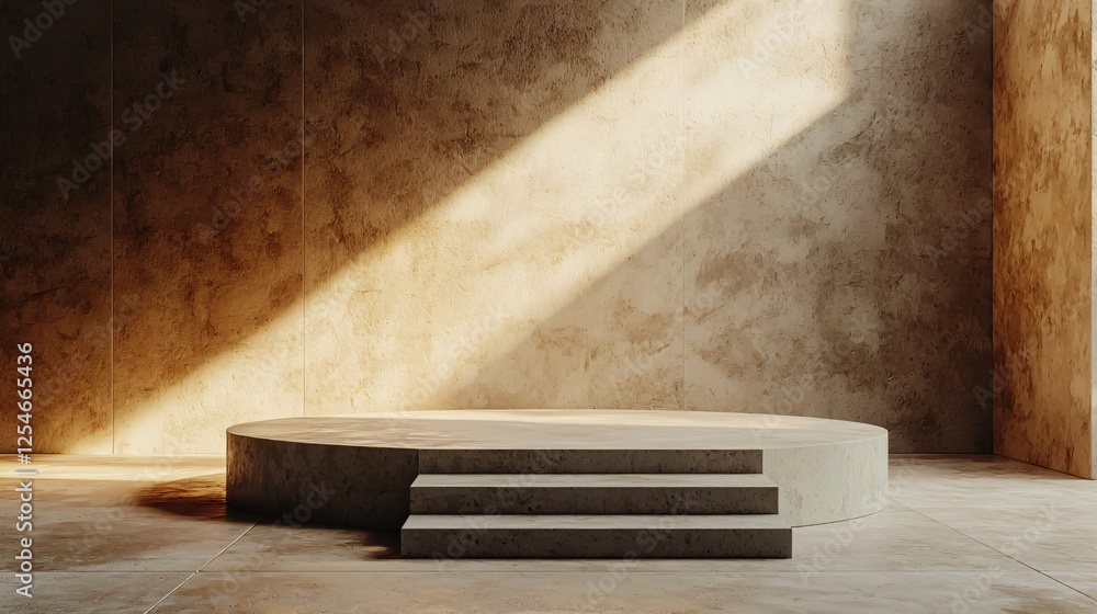 Poster minimalist concrete podium with steps in warm light for product display and presentation
