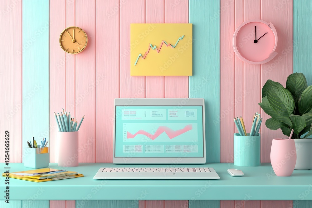 Aufkleber a colorful workspace featuring pastel walls, clocks, plants, and a computer displaying a graph, crea