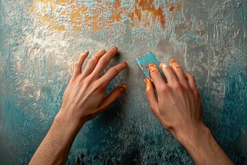 Hands applying metallic paint with a palette knife onto a textured surface, creating a unique art...