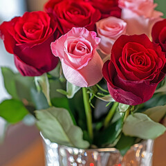 A vibrant bouquet of red and pink roses arranged in a crystal-clear vase, set against a softly blurred background.