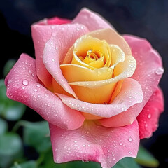 A beautiful rose featuring soft pink outer petals and a vibrant yellow center, adorned with glistening water droplets, set against a dark background.
