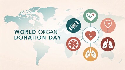 Fototapeta premium World Organ Donation Day Global Network of Life, Icons, Heartbeat, World Map, Organ Transplantation Organ Donation, World Health