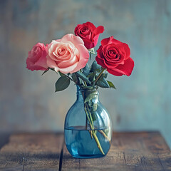 A charming bouquet of three roses—two pink and one red—housed in a clear blue vase, resting on a rustic wooden table with a soft, blurred background.