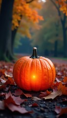 Illuminated pumpkin, colorful foliage, autumn scene , stock, festive, Thanksgiving