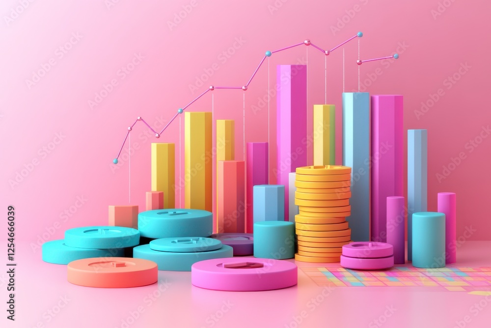 Poster a colorful 3d representation of graphs, bars, and coins on a pink background, illustrating data visu