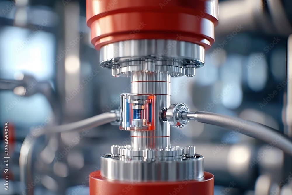 Aufkleber close up of complex industrial machine with red and silver components in a blurred setting