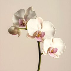 A delicate arrangement of three white orchids with soft pink accents, showcasing their elegant petals and graceful stem against a light background.