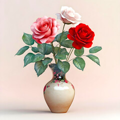A stylish vase holding three roses—one red, one pink, and one white—surrounded by lush green leaves, creating a vibrant and elegant centerpiece against a soft backdrop.