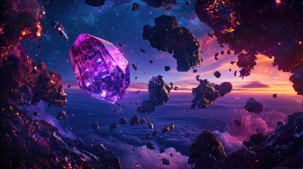 A stunning cosmic scene featuring a large purple crystal amidst floating asteroids in space, with a vibrant sunset in the background