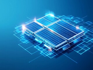 isometric 3D art of a massive offshore solar farm, deep blue ocean with floating solar panels, a futuristic renewable energy solution, soft sunset reflections on water, clean and precise detailing,