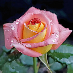 A beautiful rose with soft pink and yellow petals adorned with water droplets, symbolizing freshness and elegance, set against a dark background.