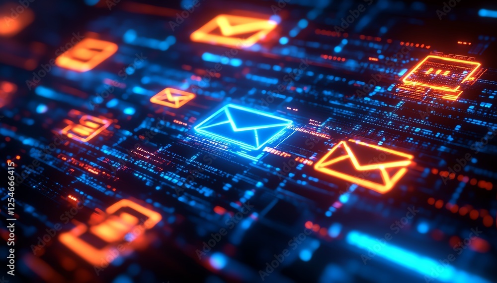 Poster digital notification alerts and email icons floating over tablet screen