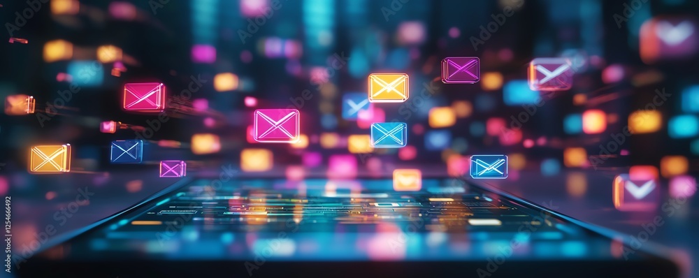 Poster digital notification alerts and email icons floating over tablet screen