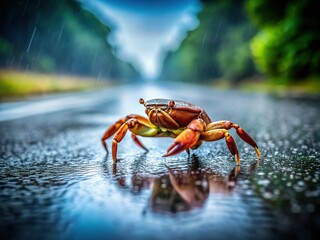 Fototapeta premium Rainy Day Road: Tiny Crab Crossing Asphalt