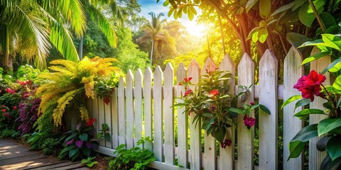 Obraz premium Retro White Wooden Fence in Lush Tropical Garden - Vintage Food Photography Background