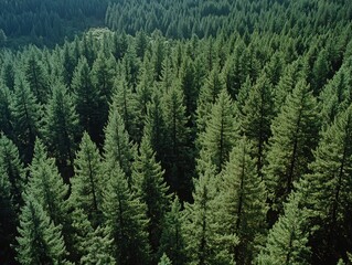 Obraz premium Aerial view of a dense evergreen forest.