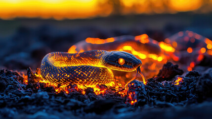 A glowing snake slithers over molten lava at sunset, with a vibrant landscape in the background