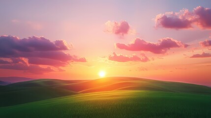 Fototapeta premium Serene sunset over green hills with vibrant clouds painting the sky in warm hues of orange and pink