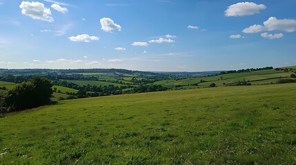 Fototapeta premium Serene countryside vista of rolling green hills and meadows under a bright blue sky with clouds