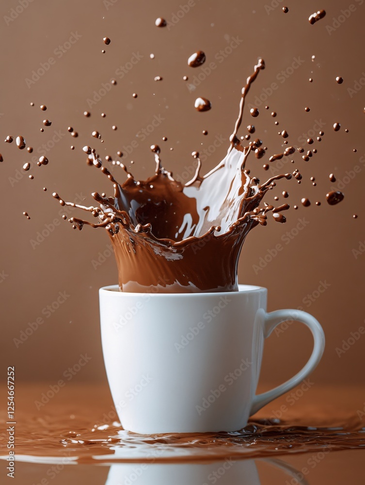 Aufkleber chocolate splash in white mug with brown background creating dynamic liquid movement and texture