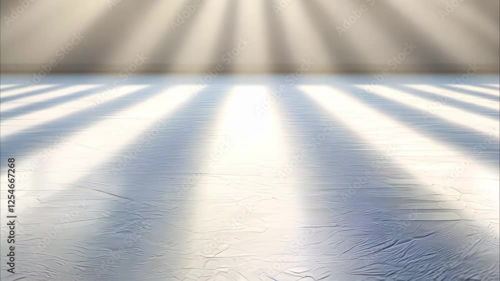Poster a serene, well-lit space with rays of light creating a dramatic contrast on a smooth surface, evokin