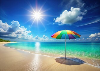 Serene Beach Scene: Single Umbrella, Crystal Clear Water, High Depth of Field Stock Photo