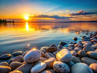 Obraz premium Serene Dusk: Lake Shore Stones at Sunset - Tranquil Landscape Photography