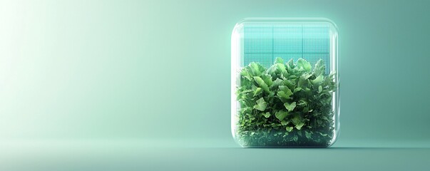 isometric 3D artwork of a solar-powered futuristic greenhouse, transparent panels absorbing energy, lush plants inside, self-sustaining energy model, high-tech agriculture, vibrant color contrast,