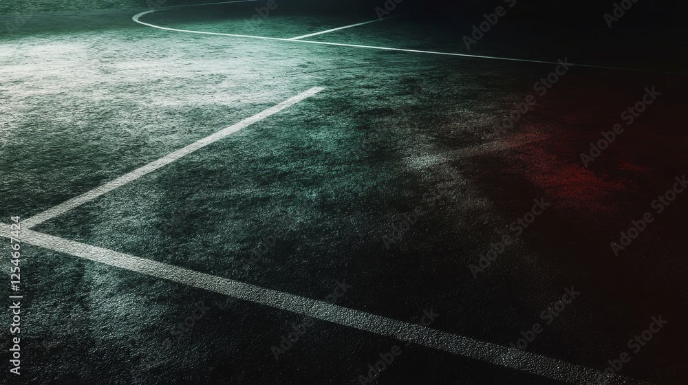 Poster a dark sports court floor with a subtle texture, lightly distressed for realism, lit with low, dim a
