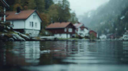 Fototapeta premium Rainy Norwegian Village Lakeside Houses